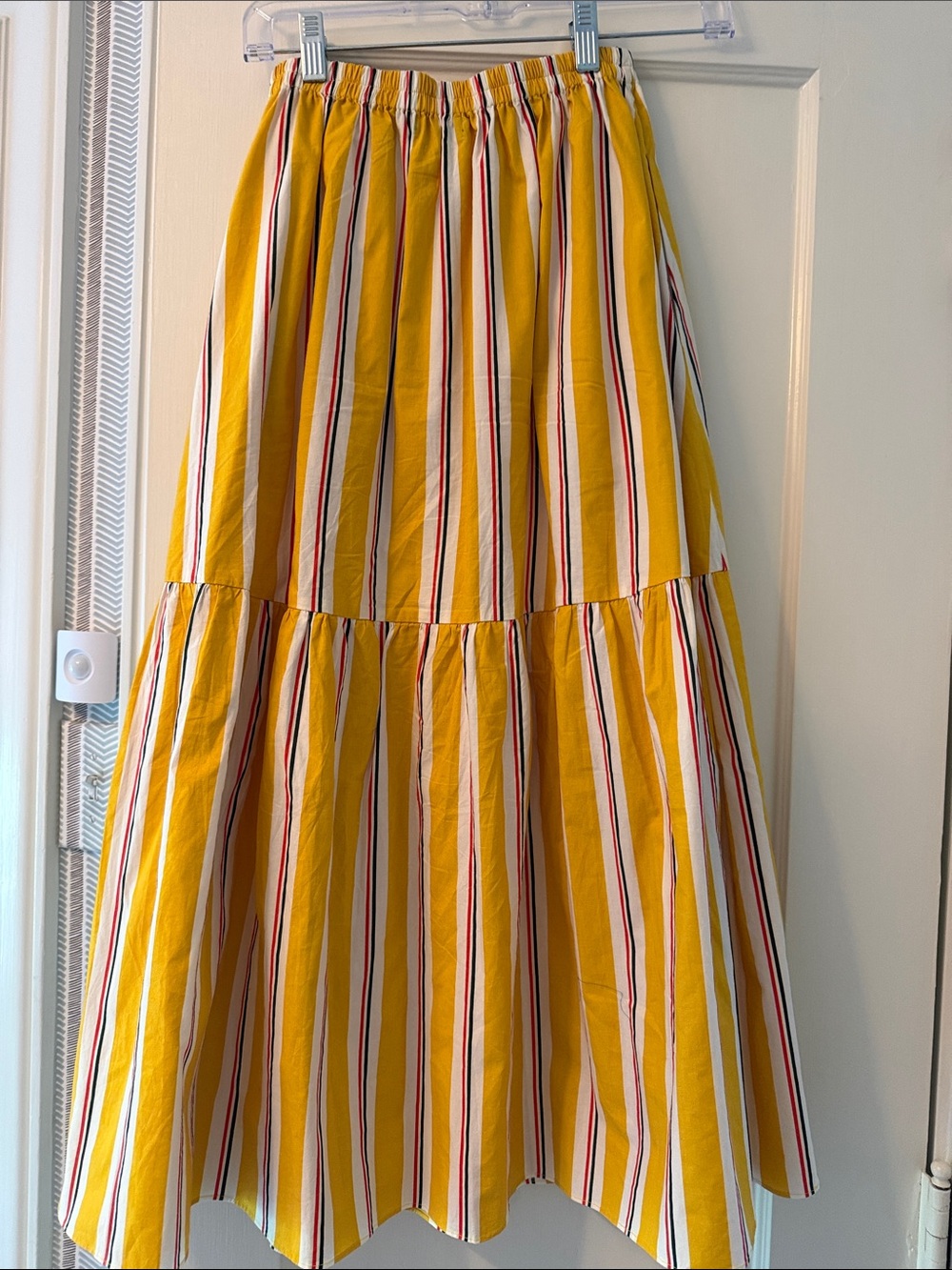Clare V Yellow Striped Tiered Maxi Skirt with Red & Navy Accents - Picture 3 of 6